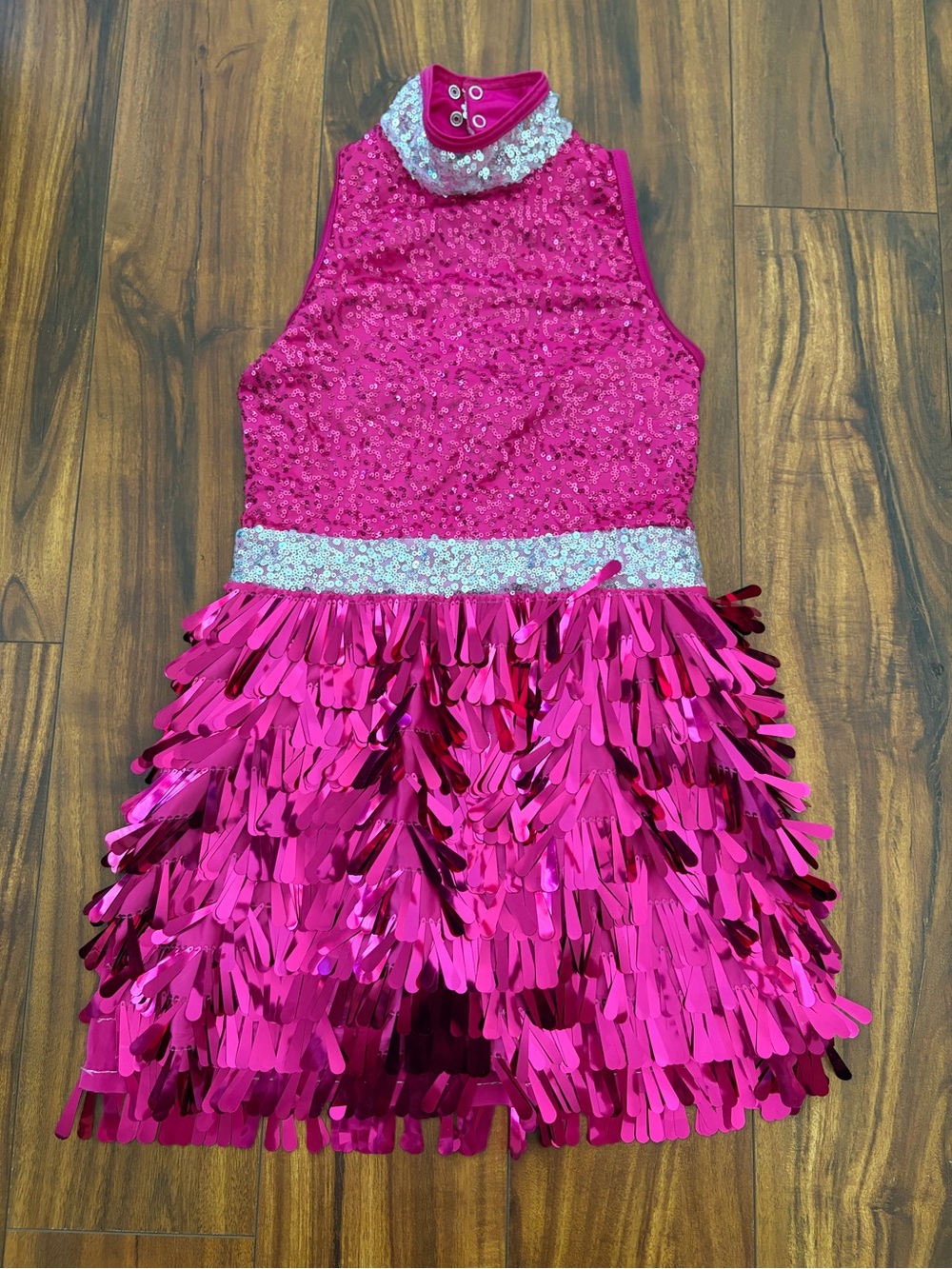 Weissman Pink Sequin & Fringe Dance Costume Built in leotard Youth M Nearly New